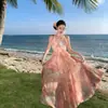 Eros Love Island Vestido Romântico de Férias Afunilado na Cintura Francês Assimétrico Afunilado na Cintura Vestido de Chiffon com Estampa Floral