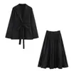 Traje de dos piezas para mujer con falda plisada, estilo para ir al trabajo, cintura ajustada, chaqueta de manga larga con detalle de corbata y falda larga. Venta al por mayor transfronteriza, disponible en 12 colores