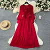Vestido francês de alta qualidade, elegante, com flor tridimensional, decote V, manga lanterna, afunilado na cintura, corte A, pingente grande, saia longa