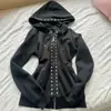Sitio Web Independiente 2025 Tendencia de Moda Transfronteriza Europea y Americana Sudadera con Capucha con Pedrería, Chaqueta de Color Sólido Estilo Callejero Ajustada Y2K