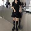 Vestido negro de una pieza con falda con volantes 2025 Verano Cintura ajustada Tirantes adelgazantes Falda negra pequeña que cubre la carne