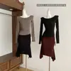 Soft Zone, mismo estilo que Yuanying, camisa sencilla de cuello barco ajustada para mujer, camiseta básica de primavera y otoño, gris, negro, otros estilos de manga larga