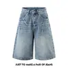 Shorts Jeans Rasgados de Verão com Padrão de Raio Estilo Streetwear Americano para Homens, Marca Tendência Loose Casual Reto de Perna Larga