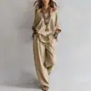 Conjunto de Verano Nuevo Casual Holgado de Lino con Mangas Tres Cuartos + Pantalones de Pierna Ancha para Mujer - Sitio Independiente de Amazon Transfronterizo Europeo y Americano