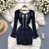 Verano Sexy Hueca Fina de Manga Larga Tejida Falda Corta Elegante Ajustada Adelgazante Pura Spice Girls Vestido sin Espalda