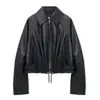 Chaqueta de Cuero Genuino Hn5239 Piel de Oveja Curtida Semi-Vegetal con Dobladillo Ajustable con Cordón, Cuello Solapa, Mangas Largas, Corte Holgado, Chaqueta Biker Adelgazante