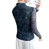 Camisa Básica Gola Alta Meia para Mulheres 2025 Outono e Inverno Novo Design Top de Renda Estampada com Camiseta Interna Elegante de Manga Longa