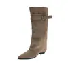 Botas de Equitação Femininas Vintage com Fivela, Bico Fino e Salto Anabela, Plissadas, de Cano Alto, Over-the-Knee Longas, Maillard