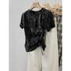 Guofeng Impresso Irregular Short Top Mulheres Verão plus size gordinha Slimming Design Split Drawstring T-sleeved