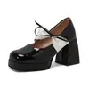 Zapatos de Mujer de Comercio Exterior, Tacones Altos, Zapatos Mary Jane de Charol para Mujer con Lazo de Color Caramelo y Tacón Grueso, Zapatos de Estilo Suave con Suela Gruesa