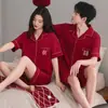 Pijama de Verano para Pareja, Algodón Puro Manga Corta, Tacto de Alta Gama, Nuevo Modelo 2026, Conjunto Rojo de Boda, Tallas Grandes para Hombres y Mujeres