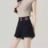 Shorts de Mezclilla Negros de Pierna Ancha Forma A para Mujer Verano 2024 Nuevo Estilo Pequeños de Corte Alto Rasgados Ultra-cortos Hot Pants