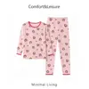 Conjunto de Roupa Íntima Feminina Outono em Eco-Seda, Roupa Íntima Básica Infantil com Estampa de Desenho Animado e Gola Redonda, Pijama para Casa para Crianças Maiores