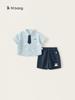 Bangxuan Verano Nuevo Camisa de Solapa de Manga Corta para Niños Shorts Estampados de Dibujos Animados Conjunto de Dos Piezas Traje de Estilo Universitario para Niños