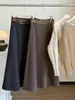 Elegante Saia de Terno de Lã Cinza para Mulheres Outono/Inverno 2026 Novo Estilo Draping Linha A Barra Larga Saia Longa