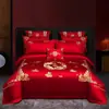 2026 económico bordado algodón de fibra larga jacquard algodón puro bordado juego de cuatro piezas para boda en rojo brillante