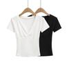 Camiseta Corta de Manga Corta con Encaje y Panelados, Estilo Francés Ajustado, Sexy, Cuello en V, para Mujer 2025, Top Ajustado Fruncido Pura Pasión en el Pecho