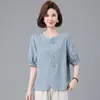 Camiseta de Manga Curta Feminina Verão Nova Plus Size Roupa Feminina Solta Meia-idade Mãe Estilo Étnico Algodão Puro Casual Top de Meia-manga