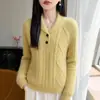 Otoño e Invierno Cuello Solapa Tejido de Lana para Mujer Cuello en V Patrón de Diamantes Trenza Fina Dos Botones Manga Larga Suéter Grueso Suave y Esponjoso Top Otoño