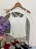 Camisole Clássica Versátil que Mostra a Cintura com Bojos Fixos e Design de Costas Cruzadas, Top Estilo Garota Popular Moderno 3721