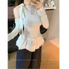 Camiseta de Manga Larga con Hombros Descubiertos y Lazo de Lunares para Mujer, Ropa de Principios de Otoño con Encaje Empalmado, Estilismo Delgado