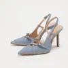 Tacones de Aguja de Punta Aguda en Mezclilla para Mujer, Nuevos Zapatos Elegantes de Estilo Francés para el Trabajo con Hebilla, Boca Baja y Correa Trasera, Zapatos de Tacón Alto de Moda