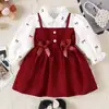 Roupas para Meninas Bebês 0-3A Menina Bebê Primavera e Outono Conjunto de Duas Peças Vestido Camisa com Laço Em Estoque