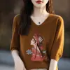 Camiseta de verano transfronteriza nueva, fina, de lyocell tencel, cuello redondo, estilo chino estampado, manga corta, para mujer, holgada, corte slim, versátil