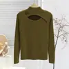 Suéter de tricô vazado com gola alta meia-manga estilo coreano para mulheres outono e inverno novo design emagrecedor suéter base top
