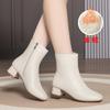 Botas Femininas de Cano Curto para Primavera e Outono com Salto Grosso, Botas de Cano Curto com Salto Médio e Bico Quadrado, Sapatos de Algodão em Couro Macio, Sapatos Femininos Forrados com Lã para Outono e Inverno, Disponíveis para Atacado