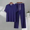 Conjunto de pijama de dos piezas para hombre, camiseta de modal con cuello redondo y bolsillos, pantalones largos, traje casual, pijama de modal para hombre