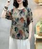 Camiseta Floral de Algodón Lino Estilo Étnico Verano Transpirable Casual Talla Grande Manga Corta Venta al por Mayor Cuello Redondo Jersey Camiseta Pequeña Fresca