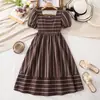 Ropa Infantil Transfronteriza Europea y Americana Estilo Vacaciones Espalda Descubierta Cintura Ceñida Adelgazante Falda de Corte A Color Sólido Vestido de Rayas Estilo Fresco de Verano