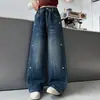 Pantalones de Mezclilla de Pierna Ancha con Bordado de Corazón de Amor para Niñas Estilo Primavera y Otoño para Niños Medianos y Mayores Estilo Coreano Sueltos Rectos Largos