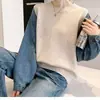 Novo suéter de tricô casual outono e inverno para mulheres com design de manga jeans, falso duas peças, top versátil e moderno