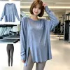 Conjunto de yoga com top de manga longa, duas peças de corte solto, design com fenda, secagem rápida, respirável, plus size, capa fitness modeladora e calça de yoga