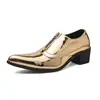 Zapatos casuales de cuero brillantes estilo europeo para primavera y otoño, zapatos de vestir de punta a la moda con cremallera frontal, zapatos formales de tacón grueso para aumentar la altura