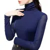Nueva Camisa Base de Malla Elegante Ajustada de Cuello Alto para Primavera y Otoño 2025 Camisa de Malla Elástica Adelgazante de Manga Larga para Mujer