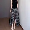 Falda Cuadros Asimétrica de Cintura Alta Estilo Retro Coreano Talla Grande para Mujer Otoño Elegante Aspecto Adelgazante Falda de Gama Alta