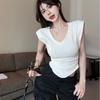 [Venta al por Mayor Transfronteriza] Camiseta de Manga Corta para Mujer con Cuello en V en el Hombro Derecho, Chic y Única, Ajustada, Estilo Francés Corto, Top de Manga Corta con Volantes