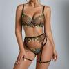 [En Stock] Varsbaby Estación Independiente Europea y Americana Conjunto de Tres Piezas de Lencería Sexy Bordada para Mujer + Tanga + Portaligas