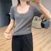 Camiseta de linho simples e bonita com gola quadrada e redonda! Top cropped fino de tricô Lyocell, modelador, respirável e seco, de manga curta