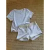 Conjunto de pijama de shorts de manga corta a rayas azules casual estilo coreano para mujer, nuevo modelo de verano 2026, se puede usar afuera como ropa de casa