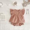 Ropa de Verano para Bebé Estilo Nuevo Manga Volante Cuadros Camisa Babydoll Conjunto de Shorts Ropa de Moda para Niña Top + Cubierta Conjunto de Dos Piezas