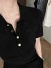 Tricô Preto de Manga Curta com Gola Polo Francesa para Mulheres Verão Curto Elegante de Alta Qualidade Top Camiseta Ombro Direito de Seda de Gelo