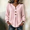 Camiseta T-shirt feminina de malha waffle com gola V e mangas compridas, multicolorida, estilo casual solto de abotoamento simples, novo estilo outono e inverno, para comércio exterior transfronteiriço europeu e americano