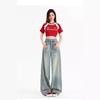 Jeans Feminino Wide Leg Rasgado Estilo Americano Retrô Verão 2024 Fino Cintura Alta Emagrecedor Solto Reta
