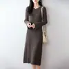 Vestido de Punto de Lana Pura con Cuello Redondo, Mangas Acampanadas, Canalé, Ajustado, Largo, Capa Base, Suéter para Mujer, Otoño/Invierno 2026