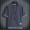 Waffled camiseta de manga curta verão homens falsos de duas peças soltas meia manga camiseta gelo seda fina pescoço redondo moda roupas de marca