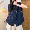 Camisa Vintage Sem Manga Bordada de Algodão e Linho para Mulheres, Blusa Fina Casual de Verão Juvenil com Gola Redonda, Top de Algodão e Linho